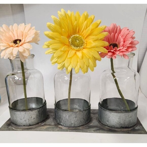 Set of 3 Small 6 inch Glass Vases with Metal Stand for Flowers Home Decor Cente - Picture 7 of 7